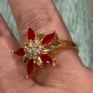 Colorful Gold Tone Zirconia Ring- Red & Clear Stones Size 7